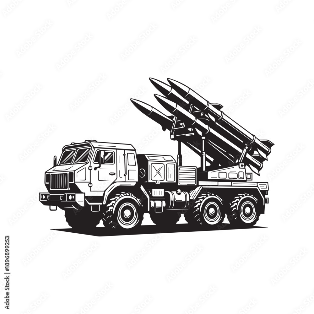 Obraz premium Military Mobile Surface-to-Air Missile Launcher Truck System Vector Silhouette 