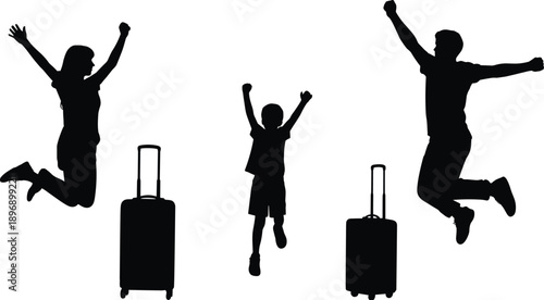 Happy family silhouettes jumping with suitcases, celebrating vacation travel, airport journey, freedom and tourism adventure concept isolated on white background illustration lifestyle joy