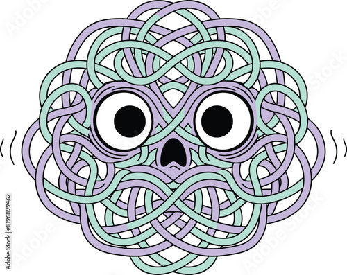 Confusion mental health icon | Tangled brain skull with anxious staring eyes vector art