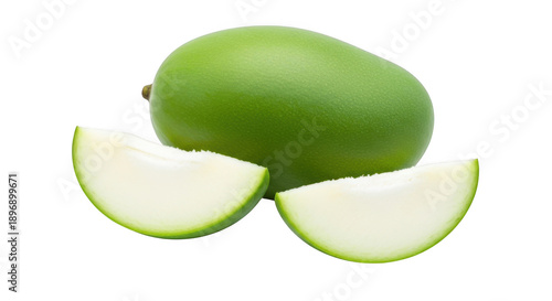 Fresh green mango with slices, whole raw mango fruit on white background, organic tropical mango pieces for food packaging and healthy recipes