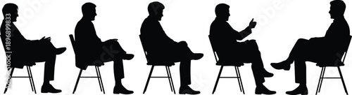 Side view silhouettes of seated business men in discussion and interview poses, representing communication, negotiation, professional office meeting concepts isolated on white background