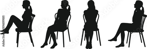 Silhouette of seated woman in different sitting poses on chair, representing posture, relaxation, waiting, fashion and everyday lifestyle concept isolated on white background