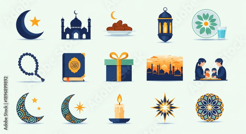 Islamic cultural symbols and Ramadan icons collection.