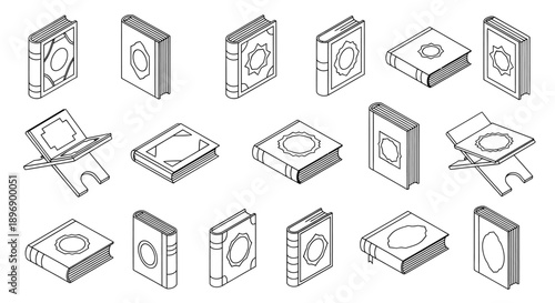 Isometric Holy Quran Book Line Art Icon Set for Ramadan and Islamic Holidays