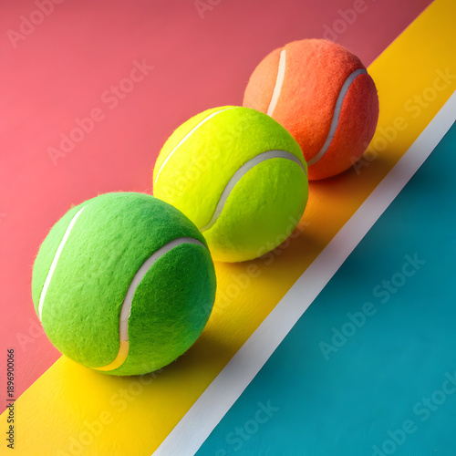 Three colorful tennis balls in green, yellow, and orange on multicolored background