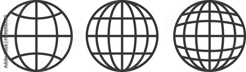 World globe grid icon set for global network and geography. Minimalist earth sphere vector for travel and communication.