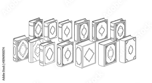 Islamic Holy Books Collection Isometric Line Art Vector Illustration for Ramadan and Eid Decoration