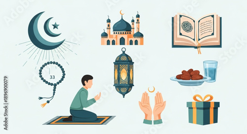 Islamic cultural symbols and religious items collection.