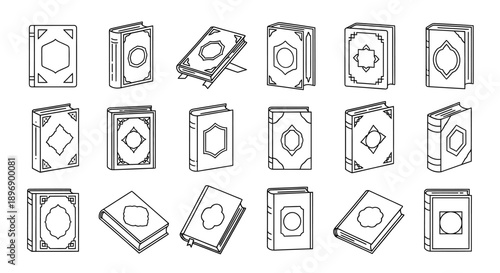 Quran Holy Book Icons Set in Line Art Style for Ramadan and Islamic Holidays Design