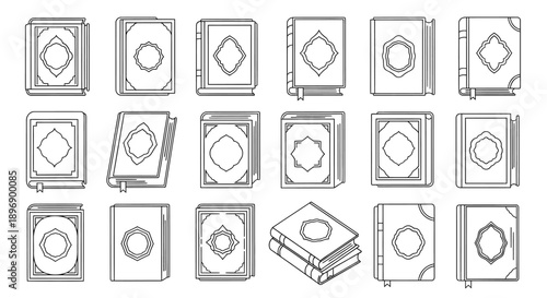 Holy Quran Book Cover Line Art Icon Set for Islamic Design and Ramadan Decorations