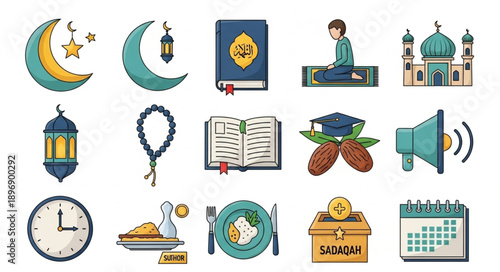 Islamic cultural symbols and icons collection for Ramadan and Eid celebrations.