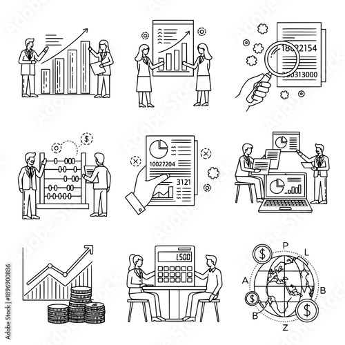 Actuary line art vector set in black style for finance and insurance concepts