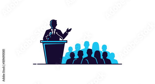 a confident speaker at a podium addresses an attentive audience symbolizing public speaking effective communication and leadership for events.