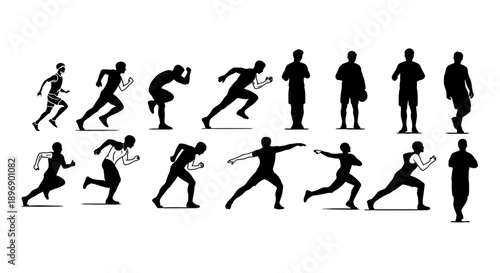 black silhouette male athletes in running sprinting and track and field movements perfect for sports marketing and fitness.