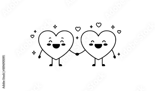 Valentine’s Day vector illustration of two cute hearts holding hands in doodle style