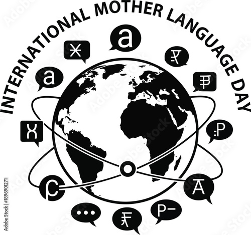 International Mother Language Day celebration graphic featuring a monochrome globe surrounded by various linguistic symbols illustrating global communication and linguistic diversity awareness.