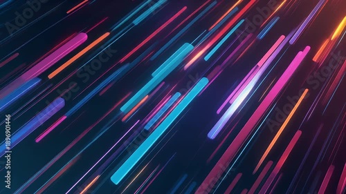 A vibrant abstract composition featuring diagonal, neon-like light strokes in a spectrum of colors against a dark backdrop. The design has a smooth and fluid effect
