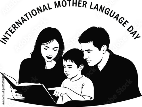 Family unit centered around reading a book together signifies the importance of cultural heritage and language preservation on international mother language day celebration.