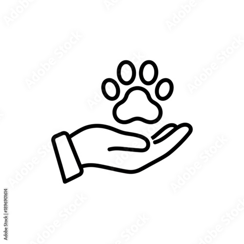 A touching vector image of a human hand gently cradling an animal paw print to illustrate pet care, adoption, and veterinary support