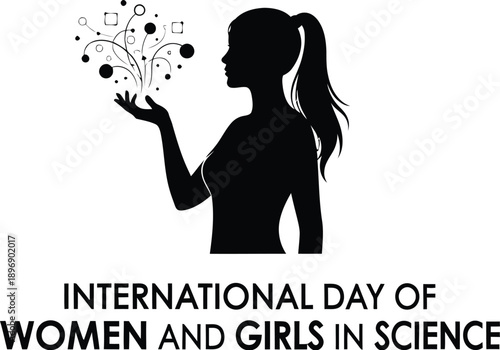 Silhouette of a young woman scientist holding emerging abstract scientific symbols and concepts illustrating the international day dedicated to celebrating women and girls in science