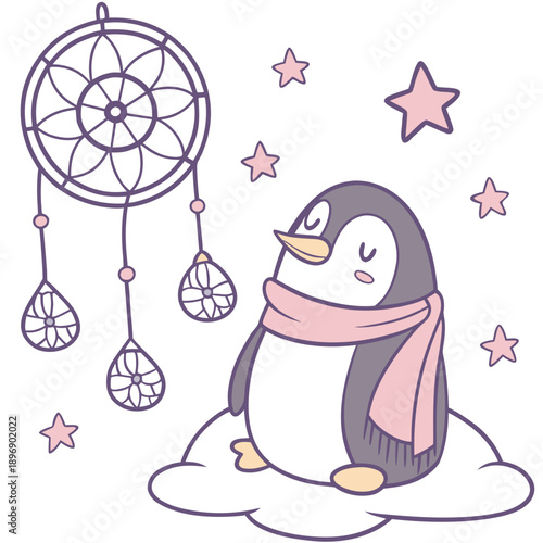 Charming SVG of a Peaceful Penguin featuring with a scarf, styled in a Fantasy dream theme with Dreamland hues