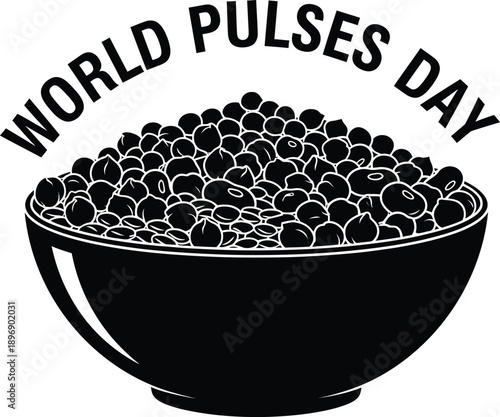 Black and white illustration marking world pulses day featuring a large overflowing bowl filled entirely with various healthy dried beans and legumes prominently displayed for celebration.