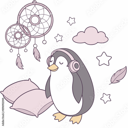 SVG art: A Playful Penguin in a Fantasy dream vibe with wearing headphones, tinted with Dreamland tones