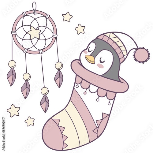 Whimsical Penguin feeling Gentle in a Fantasy dream setting with snuggled in a sock – colored in Dreamland
