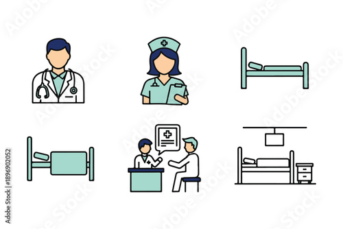 A collection of medical and healthcare icons representing professionals and hospital items