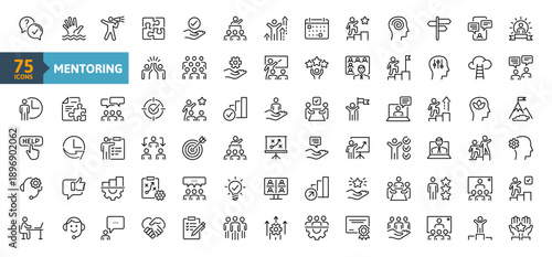 Business Сoaching outline icon collection. Containing professional development, mentee relationship, career advice, leadership, knowledge sharing, personal growth icons set. Simple line vector.