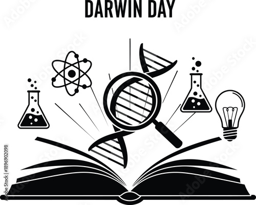Darwin Day celebration imagery featuring an open book magnifying a dna helix alongside chemistry flasks an atom symbol and a bright idea lightbulb representing scientific discovery and evolution