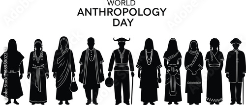 World anthropology day celebration design featuring a diverse group of people silhouettes wearing distinct traditional cultural clothing to symbolize global diversity and heritage awareness.