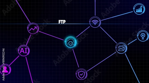 Digital network connection with FTP text and technology icons on dark grid background data