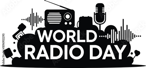 Black and white graphic design celebrating world radio day featuring stylized icons of a classic radio microphone and sound waves against a stark white background
