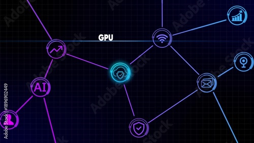 Digital Network Connections with GPU and AI Icons on Dark Grid Background technology data