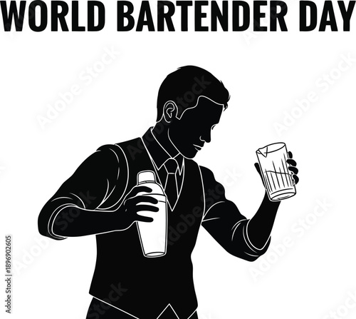 World bartender day celebration graphic featuring a silhouette of a professional mixologist skillfully preparing a cocktail using a shaker and a mixing glass illustration design