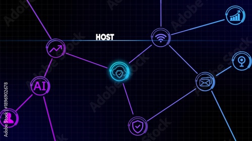 Digital network connecting AI cloud security and data icons with HOST text HOST artificial intelligence