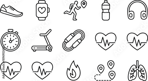 Assortment of black outline symbolizing fitness, exercise, and health monitoring for active living and wellness