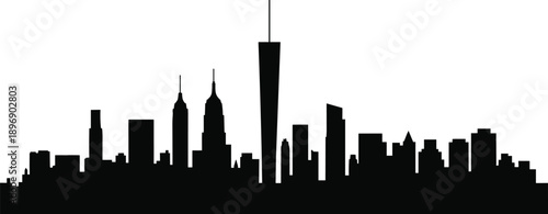 Black silhouette of a prominent New York City skyline with a central tall skyscraper and surrounding buildings