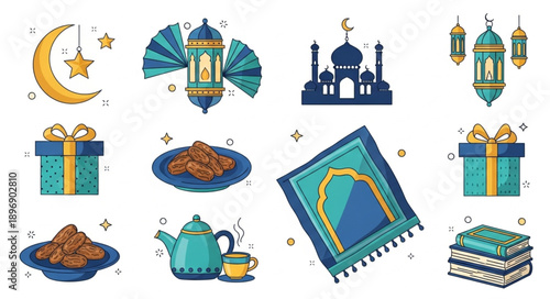 Islamic holiday elements collection for Ramadan and Eid celebrations.