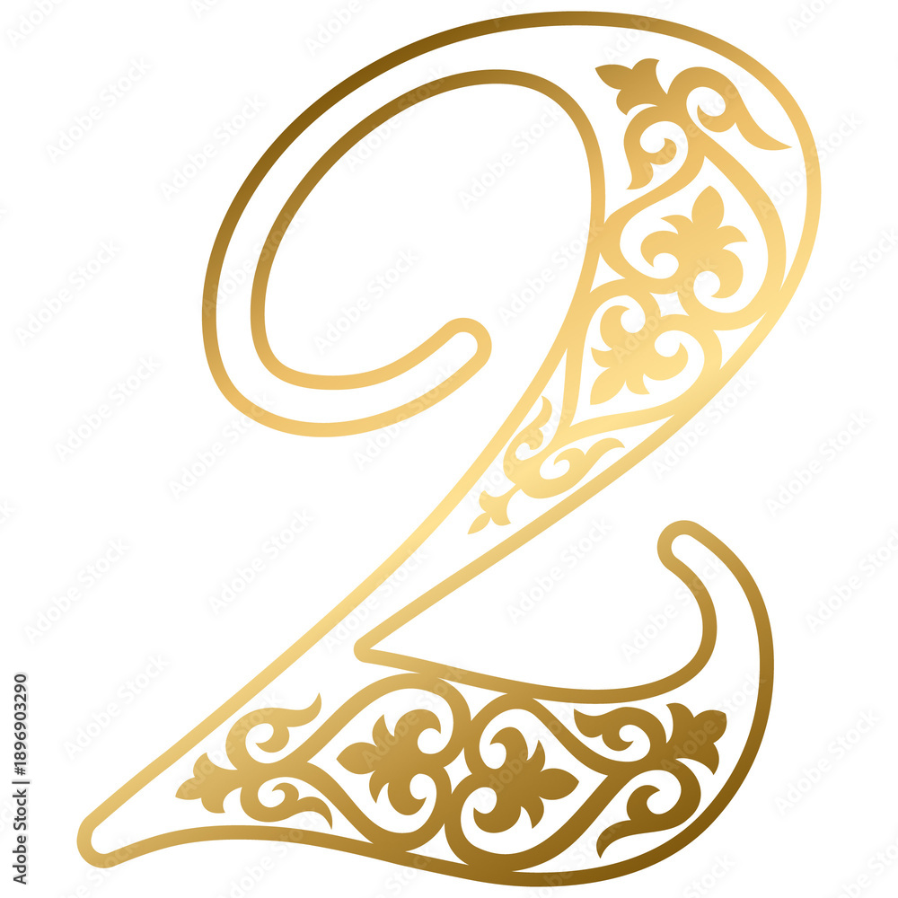 Naklejka premium Gold decorative number two with Kazakh ornament