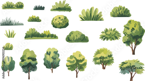 Collection of stylized green trees and bushes in various shapes and sizes for landscape and shrubs