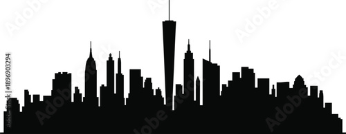 Detailed black silhouette of a sprawling New York City skyline with numerous skyscrapers of varying heights