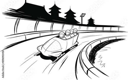 Dynamic black and white of a four-person bobsled team speeding down a curved icy track with stylized trees and stadium lights in the background