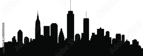Silhouette of a dense urban cityscape with diverse skyscraper architecture against a white background