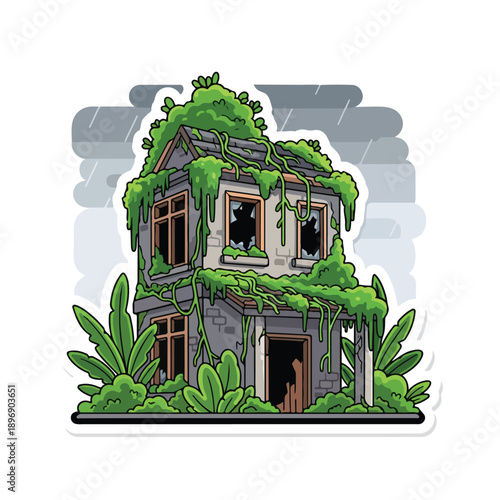 Abandoned House Overgrown with Greenery and Vines.