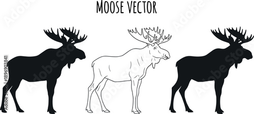 Black Moose Silhouette and Line Art Vector Set Featuring Bull Moose with Large Antlers for Wildlife Nature Conservation Hunting Clubs and Northern Wilderness Graphic Design