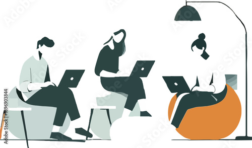 People working on laptops in a relaxed co-working space