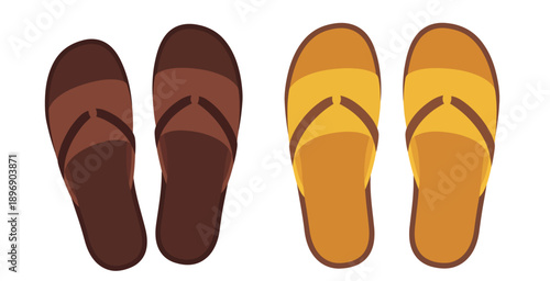 Pair of Brown and Yellow Flip Flops Isolated on White Background for Summer Vacation Concept