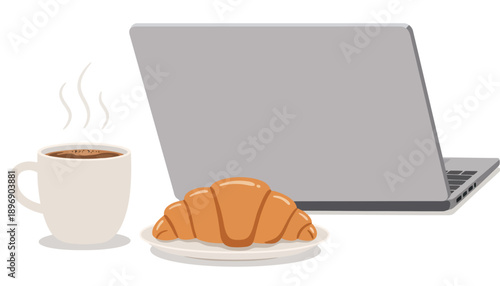 Modern Remote Work Setup Laptop Coffee and Croissant for Productive Morning Break
